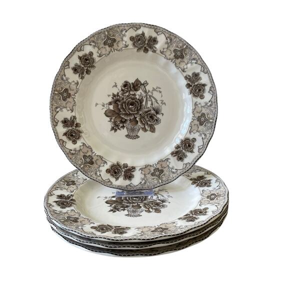 4pc Palate & Plate Victorian BROWN Rose Floral 10.5" Dinner Plates Scalloped New - Picture 15 of 15